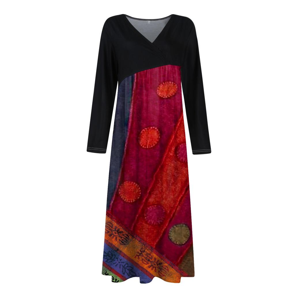 Ladies' Casual V-neck Long Sleeved Dress Printing Loose And Oversized Dress