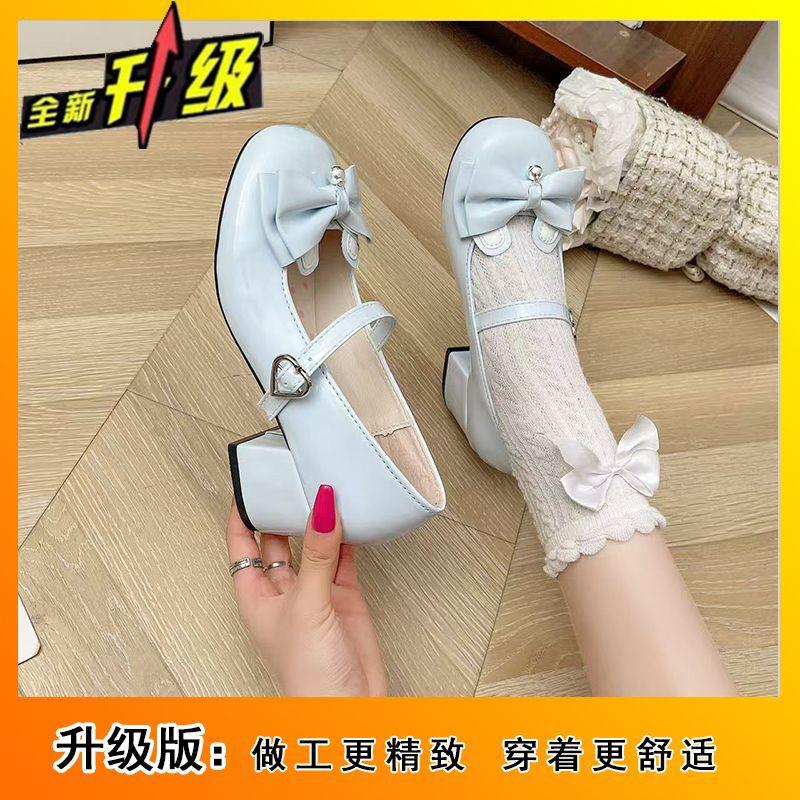 Round head bow small leather shoes high heels Lolita shoes 2025 spring new Mary Jane Lolita women's shoes