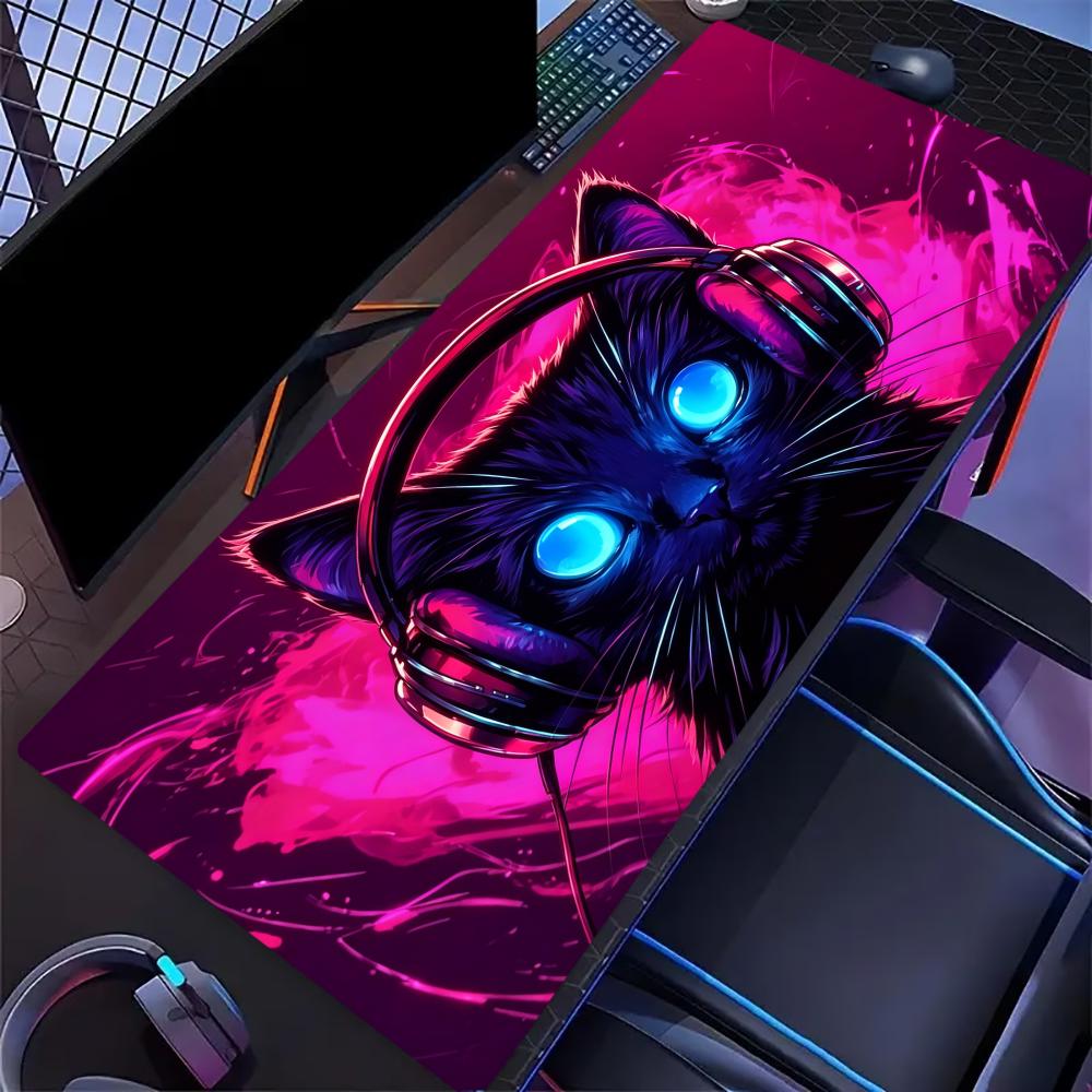 Cool Neon Black Cat With Headphones Large Gaming Mouse Pad Non Slip Desk Mat Keyboard Mat For Pc Laptop Office Gamer Home Decor