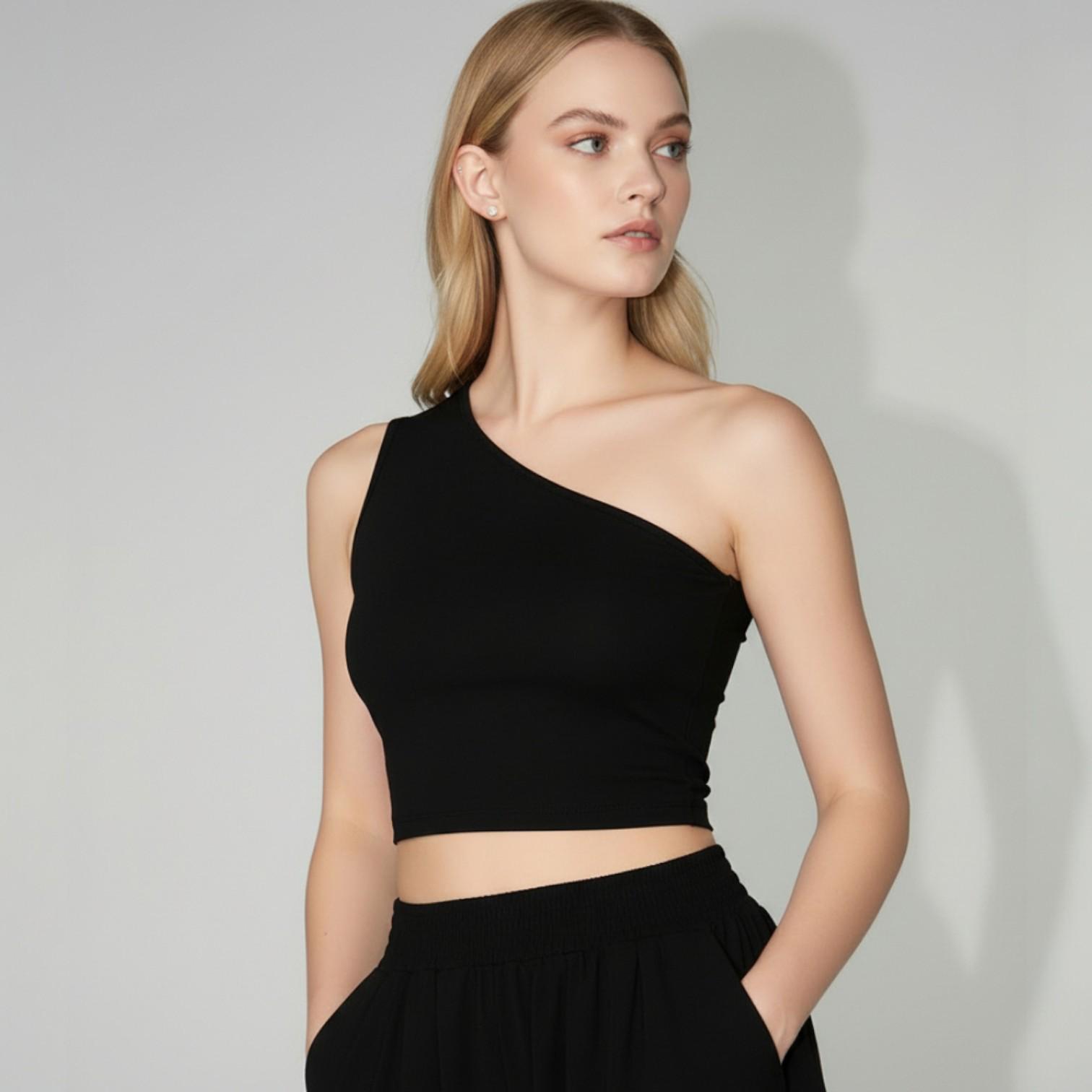 2026 Black One-Shoulder Sleeveless Women s Summer Vest - Spicy Girl Design Small чёрный