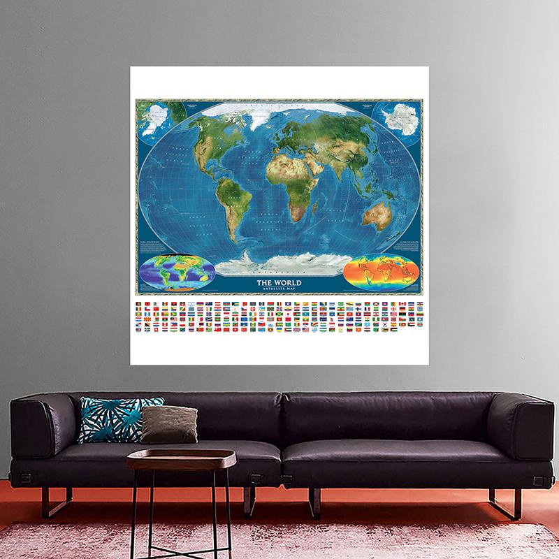 Polyester,The World Map with National Flag Painting Poster Travel Supplies/Learning,World Map Wall Decor
