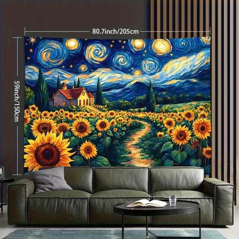 2D Van Gogh inspirierte Sternenhimmel Sonnenblumen Wandteppich für Boho & Künstlerische Heimdekoration
