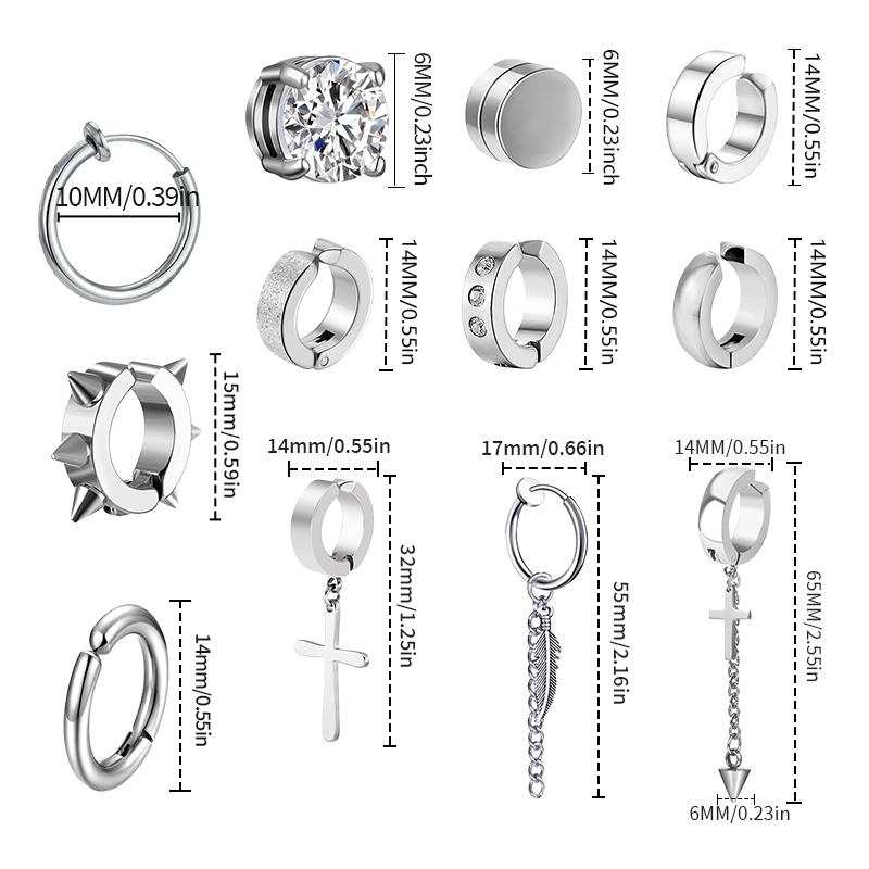 1/12 Pairs Stainless Steel Non-Piercing Magnetic Stud Earrings Unisex CZ Magnet Ear Clip Women And Men Punk Hip Hop Earring Set