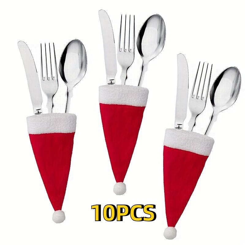 

10 шт. Рождественские шапочки для ножей и вилок, 2,36 * 4,72 дюйма красные мини-рождественские шапочки, украшение стола для ножа и вилки, винная бутылка 6x12cm