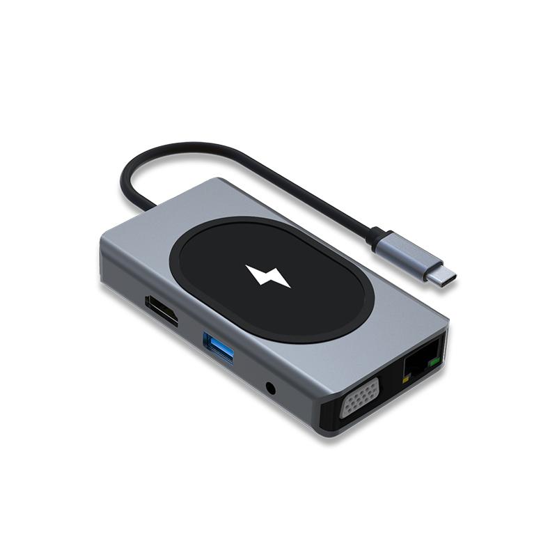 

Адаптер VAORLO 9 В 1 HUB Підтримка бездротової зарядки 15 Вт 7.5 Вт QI Бездротова зарядка 100 Вт PD Швидка зарядка TF / U-диск RJ45 3.5mm AUX HDMI 4K Connect для комп ютера сірий колір