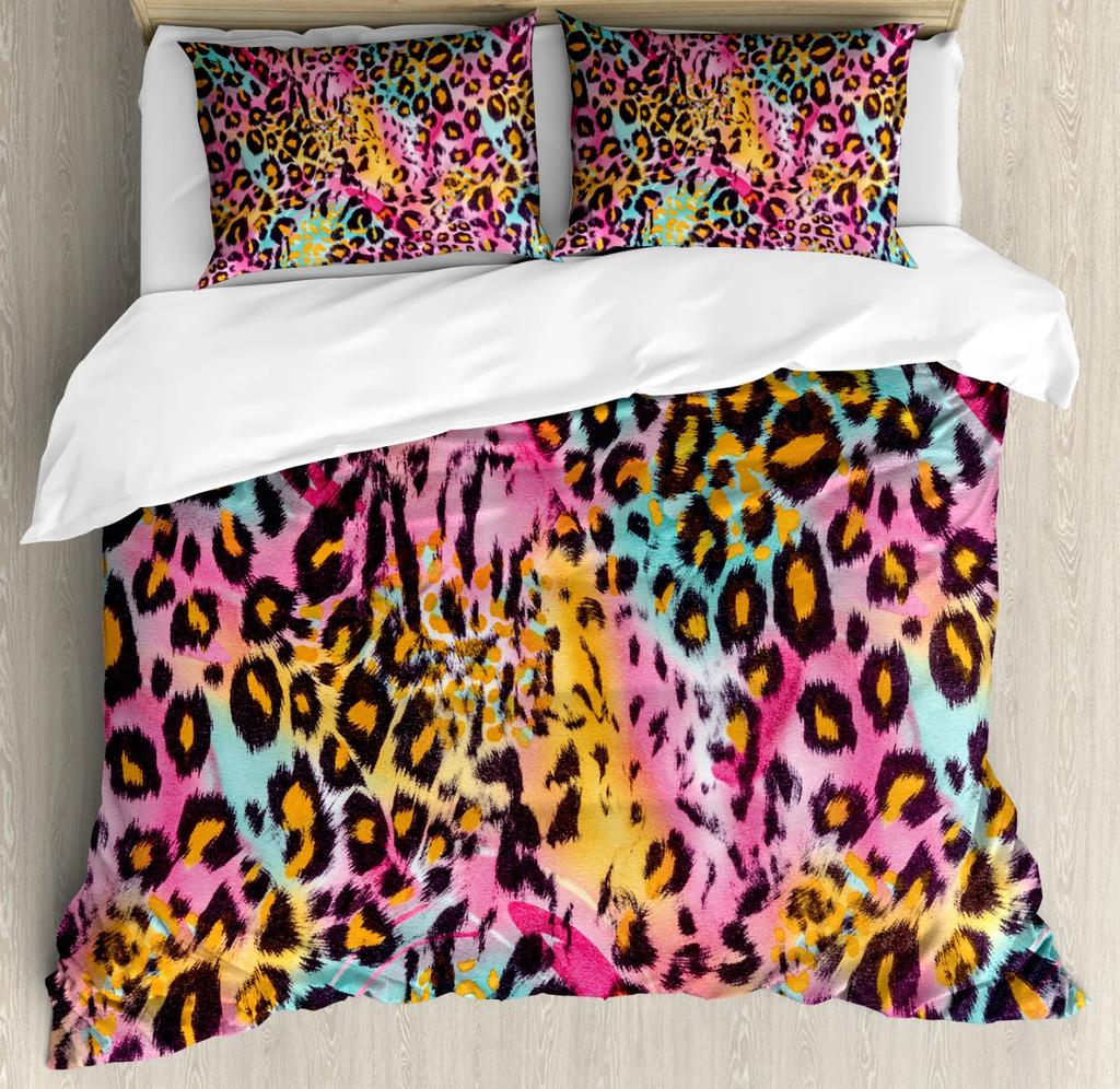 Leopard Duvet Cover Set King/Queen Size,African Predator Animal Skin Spotted Pattern Quilt Cover Brown Polyester Bedding Set