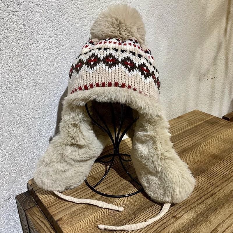 Winter Warm Cute Pom-pom Earflap Beanie Hat For Women High Top Short Brim Knit Ear Warmer Cap Trendy Red