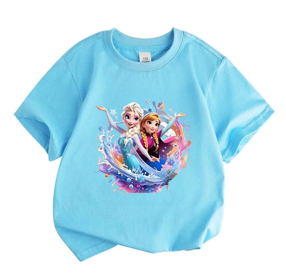 Kids Boys Girls Crew Neck Short Sleeve 100% Cotton T-Shirt, Cute Ice Princess Sisters Printed Casual Summer Soft Breathable Tee Tops for Children Dail