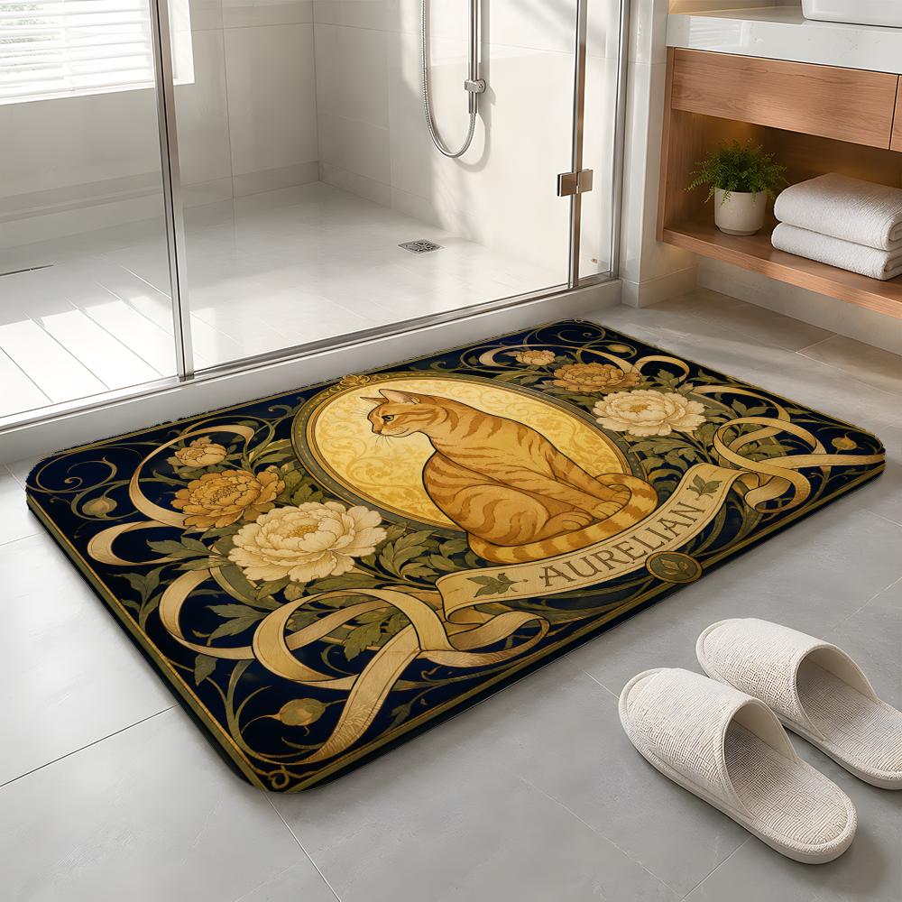 Golden Feline Elegance Floor Mat Machine Washable Soft Flannel Area Rug, Non-Slip Absorbent Floor Mat for Living Room Bedroom