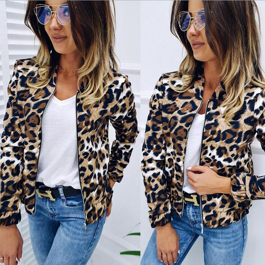 Spring/Autumn Women's Baseball Jacket Fashion Leopard Loose Stand-Collar Zip-Up Cardigan Coat