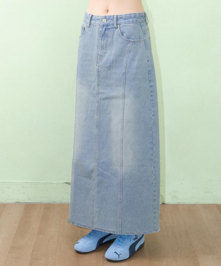 AMES-WORLDWIDE Curved Line Denim Long Skirt Light Blue