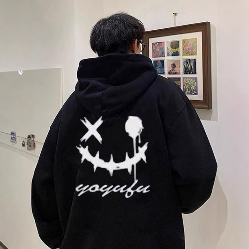 Printed Black Hooded Sweater Mens Latest Winter Youth Plus Velvet Coat In Autumn and Winter