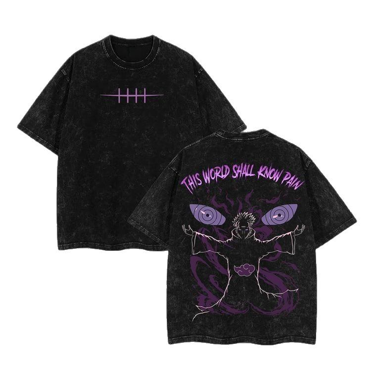 Naruto Anime Tee Pain Nagato Vintage Acid Washed Casual Loose Fit Short Sleeve Round Neck T-Shirt Cotton Youth Fashion