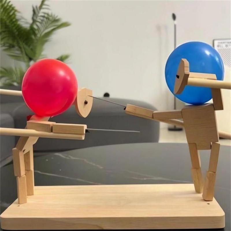1 Set Balloon Bamboo Man Battle Handmade Wood Fencing Puppets Wooden Bots Battle Game Two-Player Fast-Paced Balloon Battle Game