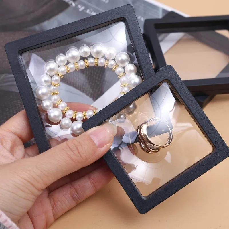 3D Floating Square Jewelry Storage Box Reusable Transparent PE Film Display Boxes Portable Bracelets Necklace Earring Decor Box