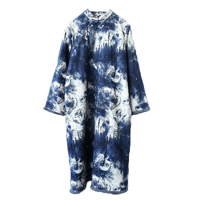 Johnature Frauen Vintage Plus Samt Kleid Stehen Lose Drucken Floral Langarm Kleider Herbst Winter Patchwork Kleidung