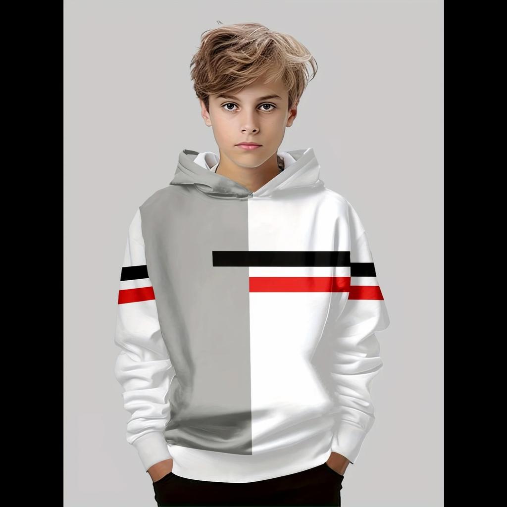 Boys Hoodie Stripe Printed Pullover Long Sleeve Thin Hooded Sweatshirt for Autumn Casual Versatile Classic Color Matching Design