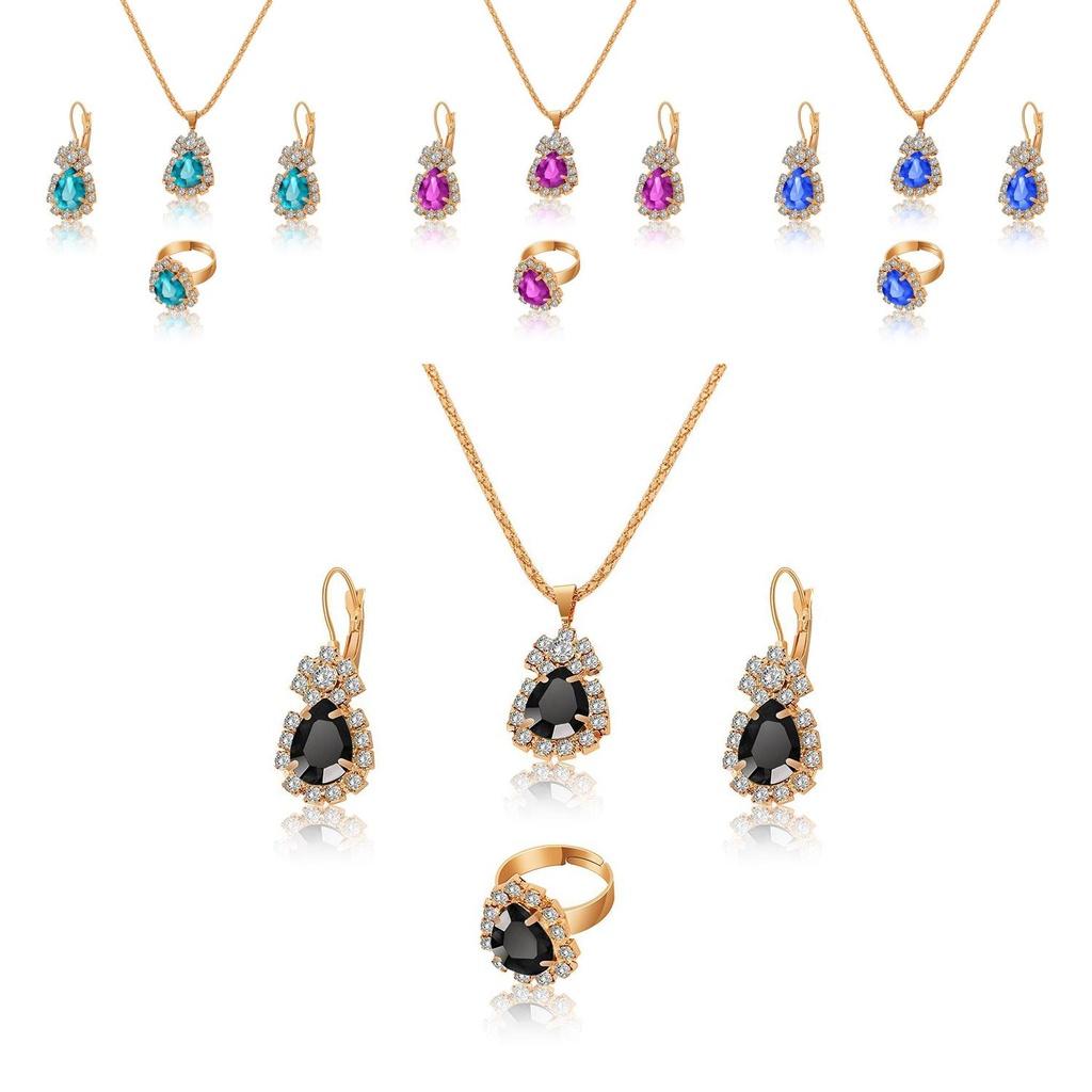 Wholesale Bridal Jewelry Set Ins Water Drop Rhinestone Necklace Earrings Ring Set