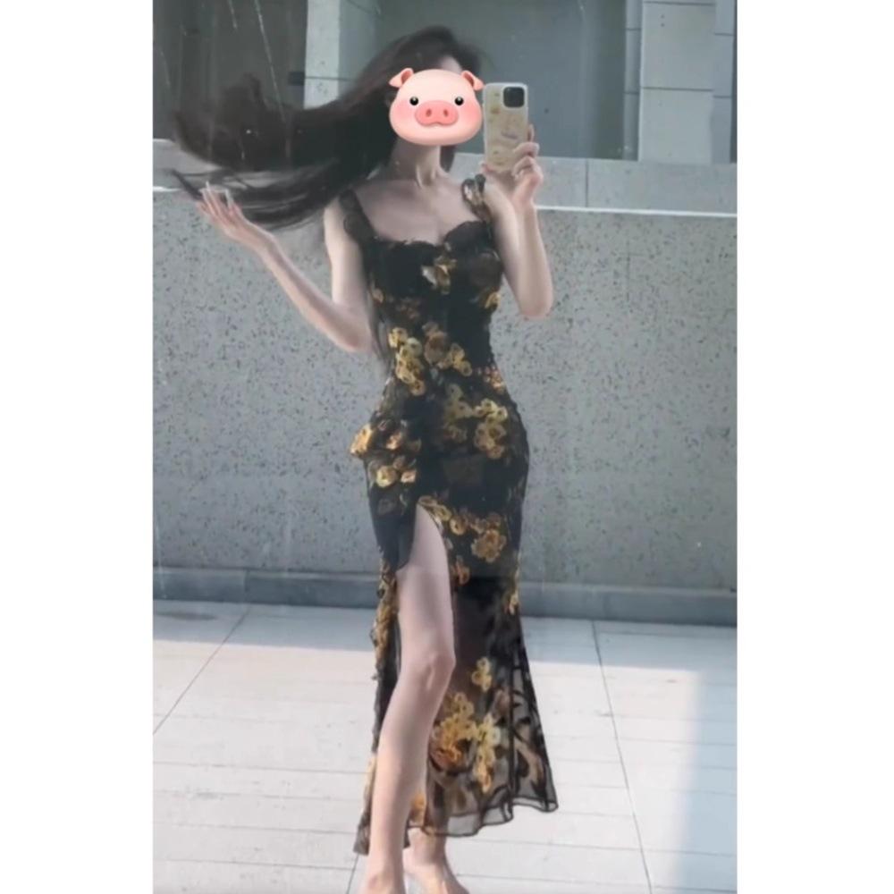 Women's summer retro floral suspender dress temperament ruffle leaf edge slim waist thin split hip wrap long skirt