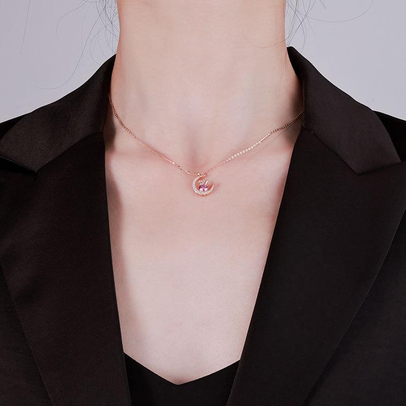 Women's Light Luxury S925 Silver Necklace with Pink Moissanite Rabbit Pendant - Jade Rabbit Zodiac Design