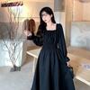 Schwarz Vintage Quadrat Kragen Französisch Blase Hülse Student Lange A-line Weibliche Lose Dünnes Kleid Frauen Party Sommer Maxi Sommerkleid