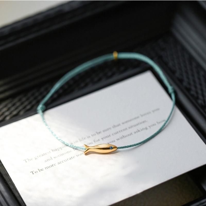 2 Pcs Fashion Gold Fish Charm Anklet Leg Foot Chain Lucky Carp Anklets Beach Jewelry Simple Blue Redness  Rope Woven Anklets