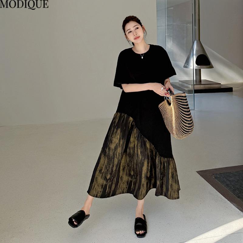 MODIQUE Summer Plus Size New Women Loose Basic T-Shirt Pleated Silk Patchwork Long Dresses Female Casual Short Sleeve O-Neck Dresses