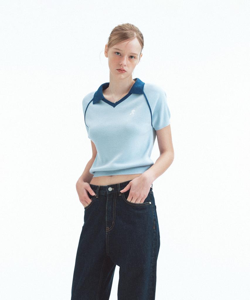 REST&RECREATION V-Neck Collar Knit Top - Sky Blue