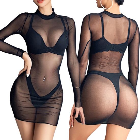 Dámské erotické mini šaty s dlouhým rukávem a výstřihem na noční prádlo Bodycon