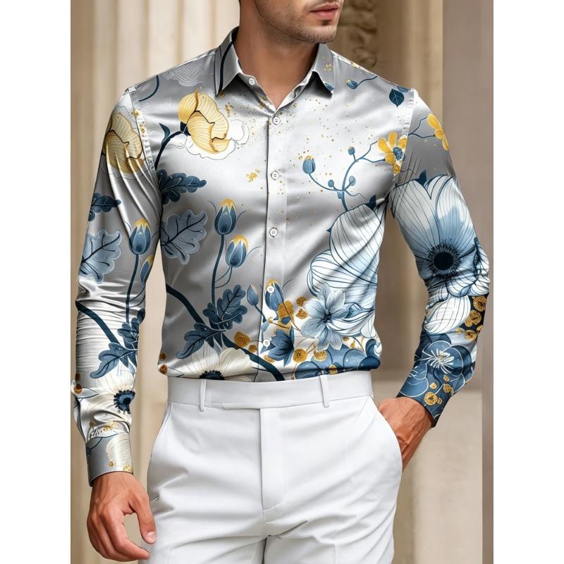 Men's Blue and Yellow Flower Printed Long Sleeve Shirt with Flip Collar Flower Shirt, Vacation Casual Trendy Men's Top