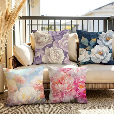Peonies Flower Painting Cushion Cover Plush Fabric Soft DoubleSided Printed Sofa Warm Winter Home Gift Pillow Cover