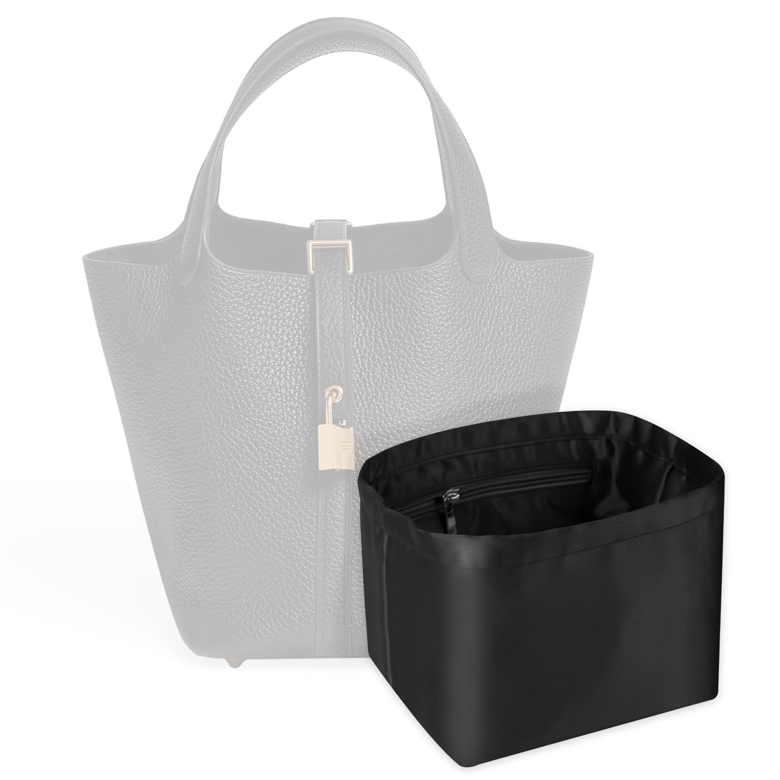 

This lightweight, self-standing, picotin-style satin bag-in-bag with dividers is perfect for Hermès luxury bags. It offers protection and shape