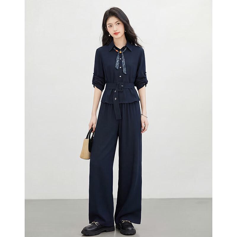 Women's Elegant Navy Long-Sleeve Shirt and Pant Set