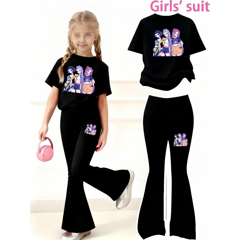 Conjunto de Manga Corta para Niña 2026 Nuevo Kpop Tres Chicas Estampado de Anime Camiseta de Manga Corta + Pantalones de Campana Conjunto de Dos Piezas