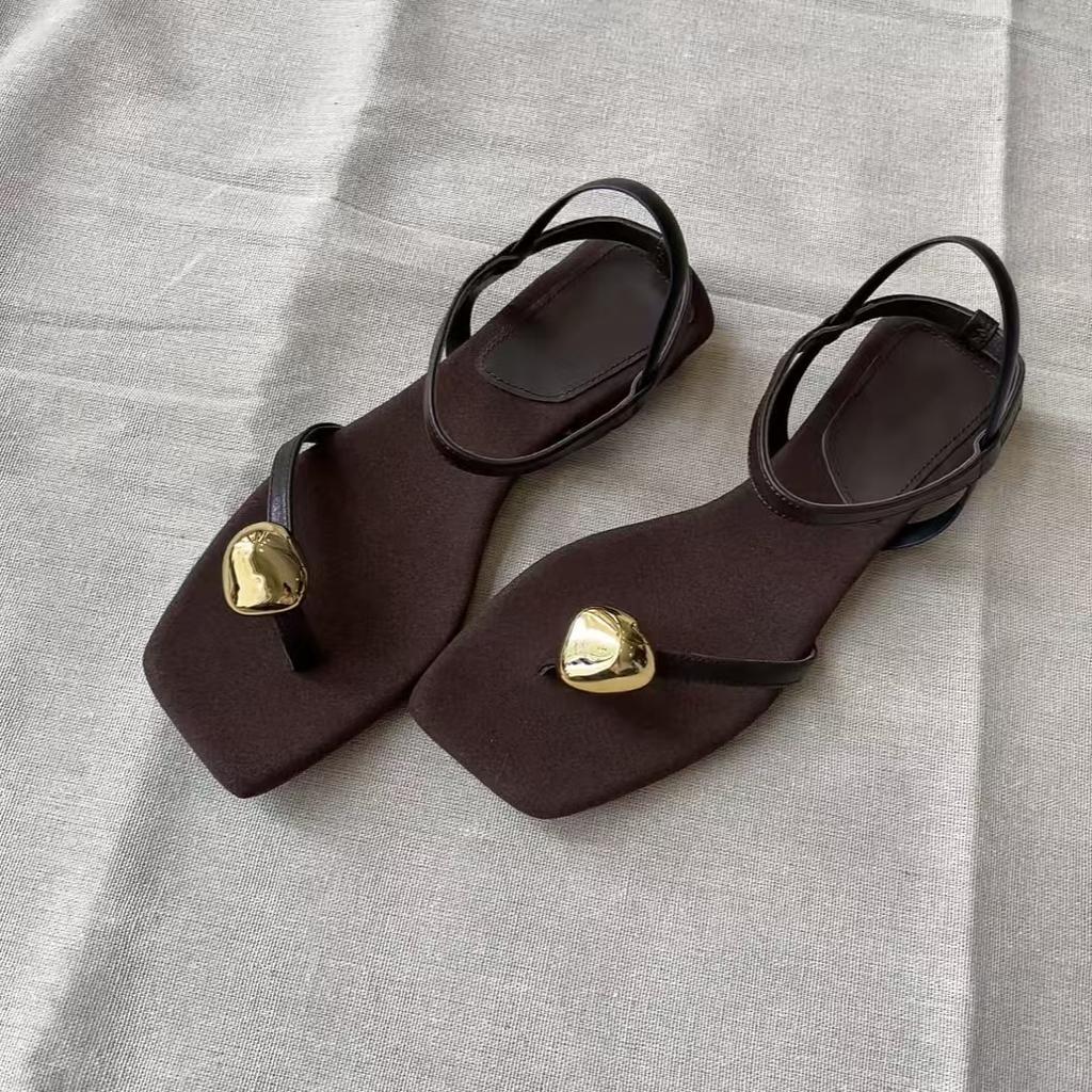 First Layer Cowhide Retro Square Head with Flat Bottom 25 Summer New Comfortable Toe Metal Full Leather Sandals Women