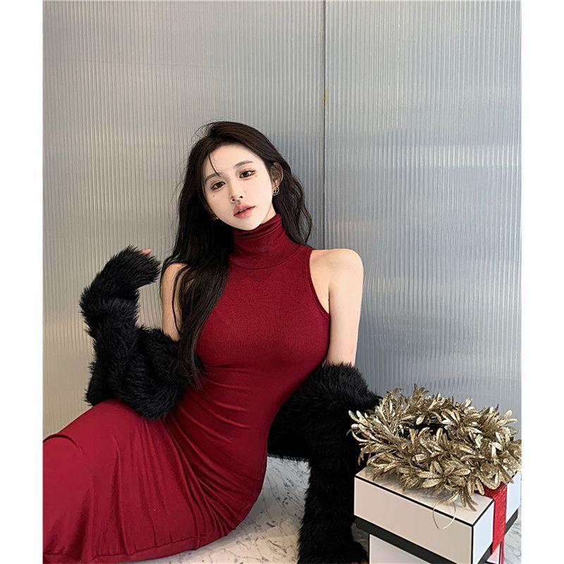 American temperament socialite hottie sexy sleeveless dress women's summer versatile tight elastic hip wrap long skirt