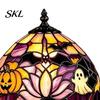USB Desk Light Halloween Pumpkin Ghost Table Light, Stained Glass Art Night Gothic Bedroom Lamp, Vintage Decorative Lamp for Holiday Party Home