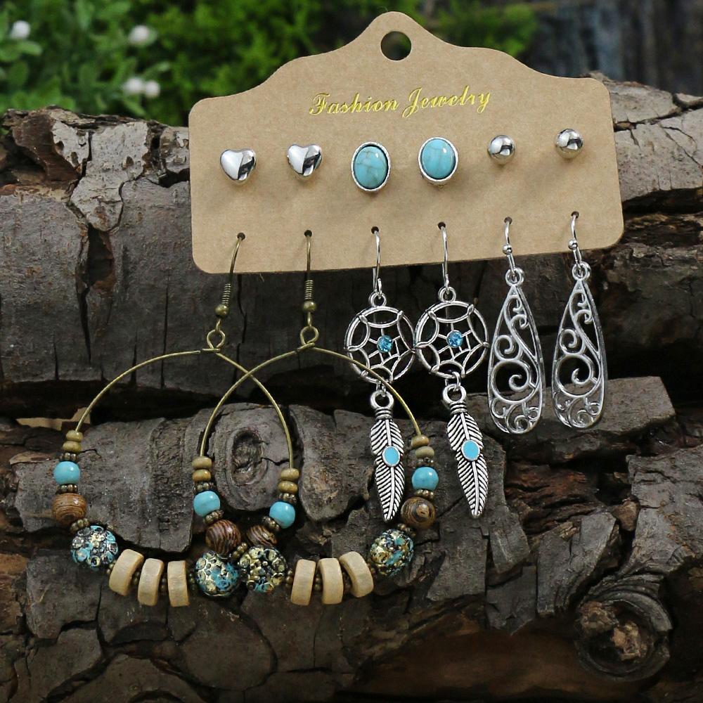 Vintage Fashion Earring Set Silver Plated Turquoise Inlaid Beaded Large Collar Snake Leaf Decoration Party Gifts