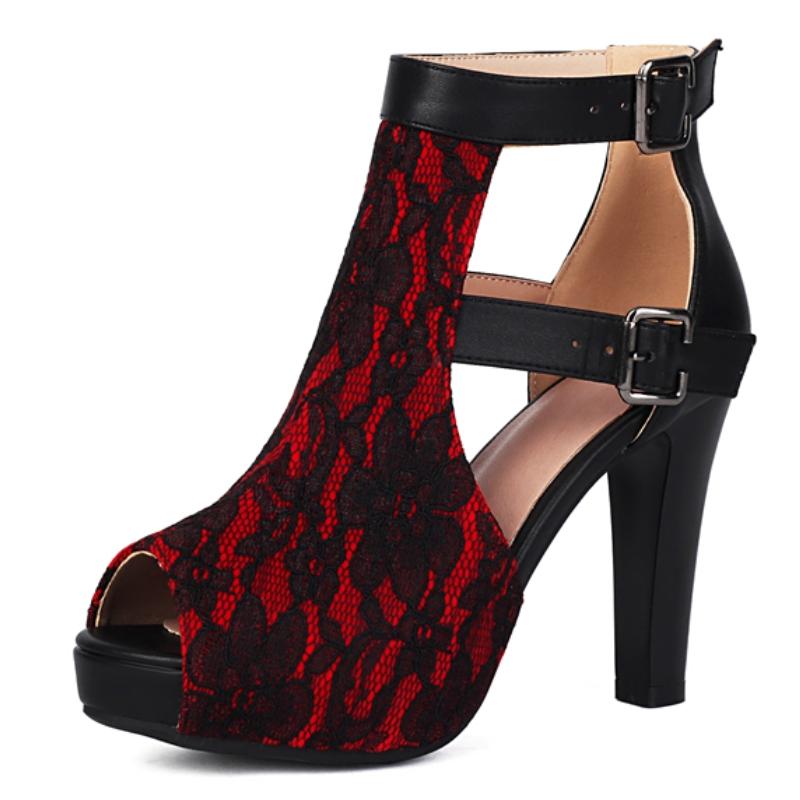

Peep toe Women s Sandals Summer Shoes 2025 Buckle Cut-outs Black Lace High Heels Gladiator Party Dance Shoes Large Size 34 червоний