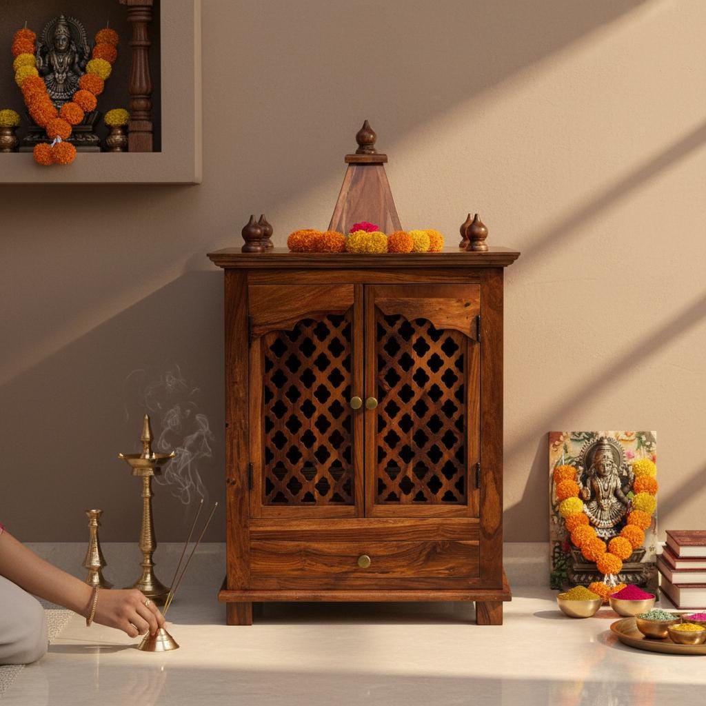 Solid Sheesham Wood Pooja Mandir | Indian Temple for Home | Handcrafted Wooden Mandir with Drawer & Jali Doors | Ethnic Hindu Altar Shrine
