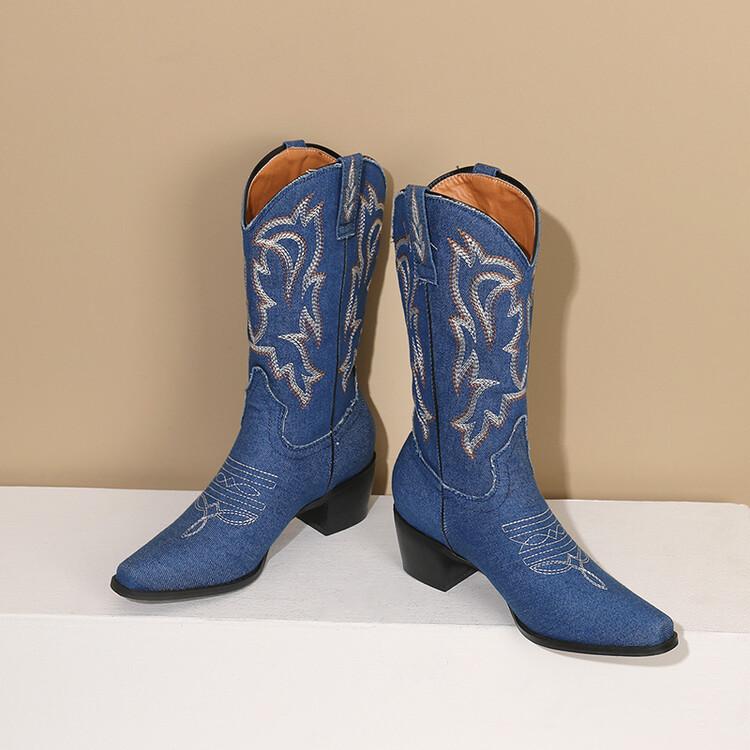 

Новые модные европейские и американские заостренные джинсовые ботинки с вышивкой на среднем каблуке и толстом каблуке, модные ботинки в стиле вестерн со средними рукавами