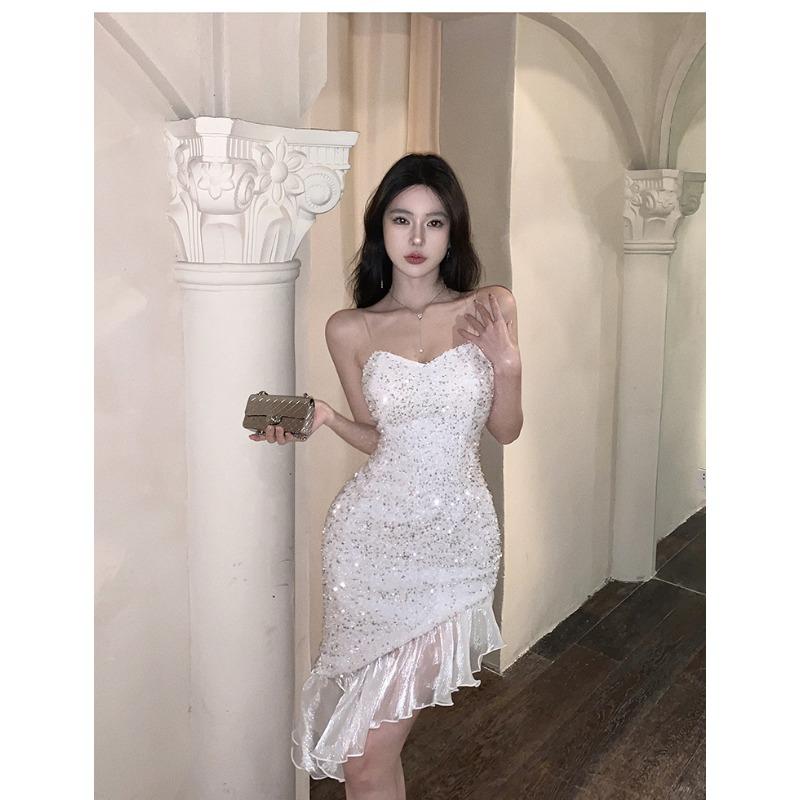 Fashion heavy industry bead sling dress splicing irregular fishtail slim waist hip party evening dress dress