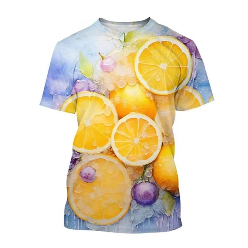 Summer Round Neck 3D Fruit Lemon Pattern Print Top Fashionable Casual Short Sleeved Men's and Women's Unisex T-shirts