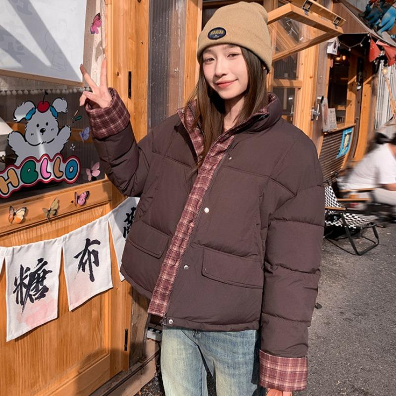 Winter new plaid contrasting color cotton-padded clothes women's short college style small bread jacket trendy