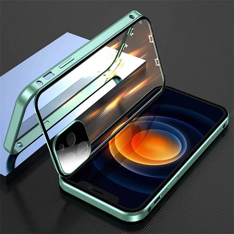 Przezroczyste Metalowe Magnetyczne Dwustronne Szklane Etui z Naciskiem 360° Pełna Ochrona dla iPhone 16e 16 Pro Max 14 13 12 15 Pro Max