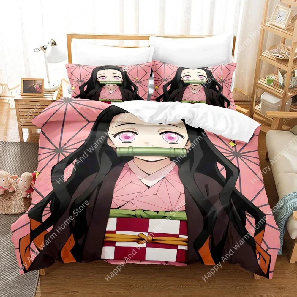 Doppel Einzel Queen King Vollgröße Bettbezug Kamado Nezuko Bettwäsche Sets Anime Demon Slayer Tagesdecke Für Teenager Mädchen Mode