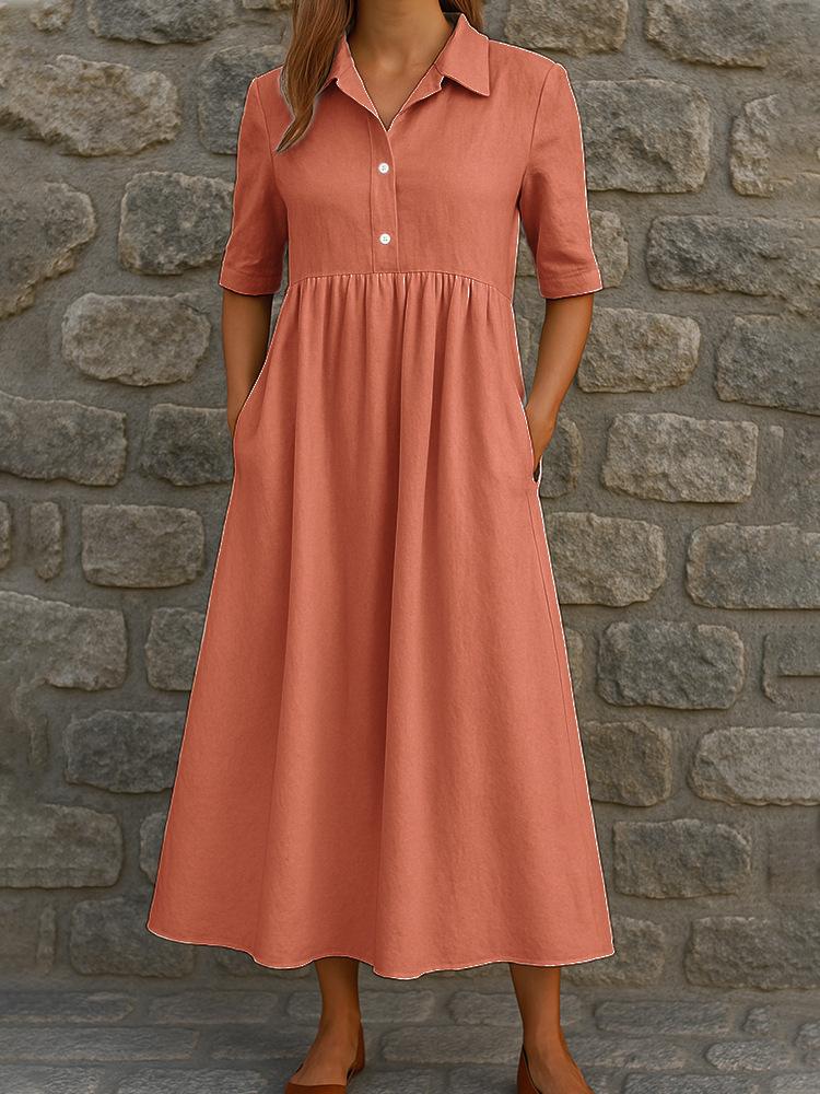 Women's Casual Button-Down Shirt Dress with Pockets, Loose Fit, Pleated Hem, Short Sleeve