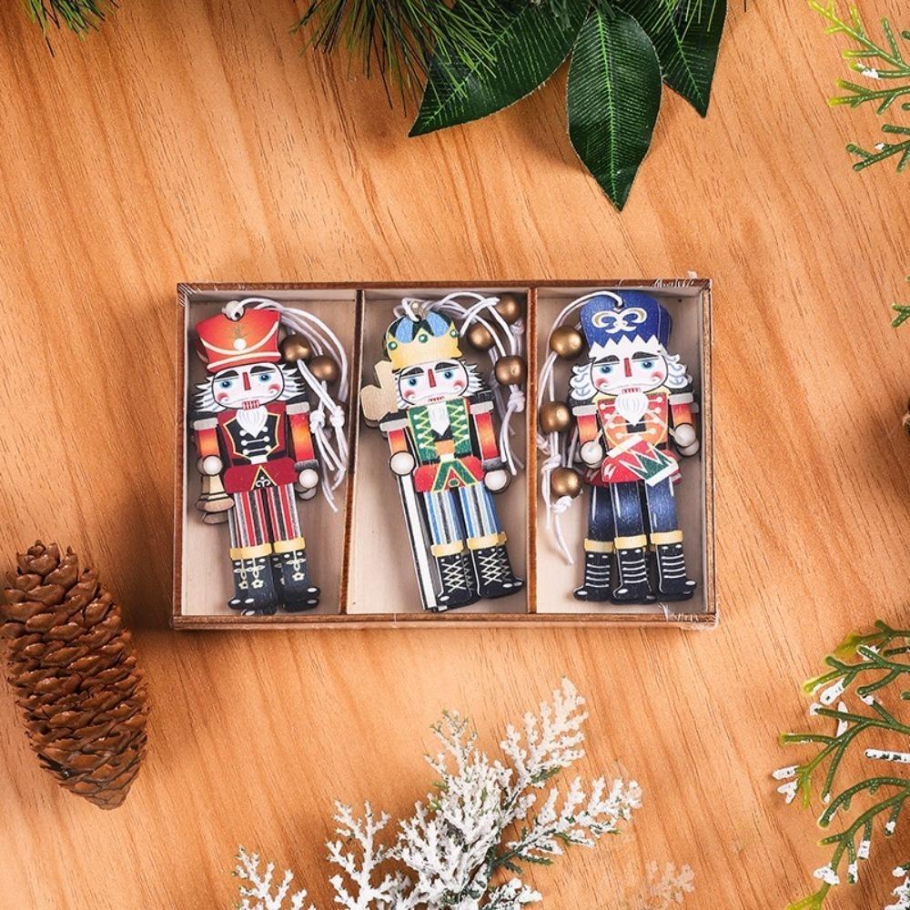9pcs Walnut Soldier Wooden Pendant Creative Color Print Xmas Tree Hanging Ornament New Year Party Supplies Christmas Decorations