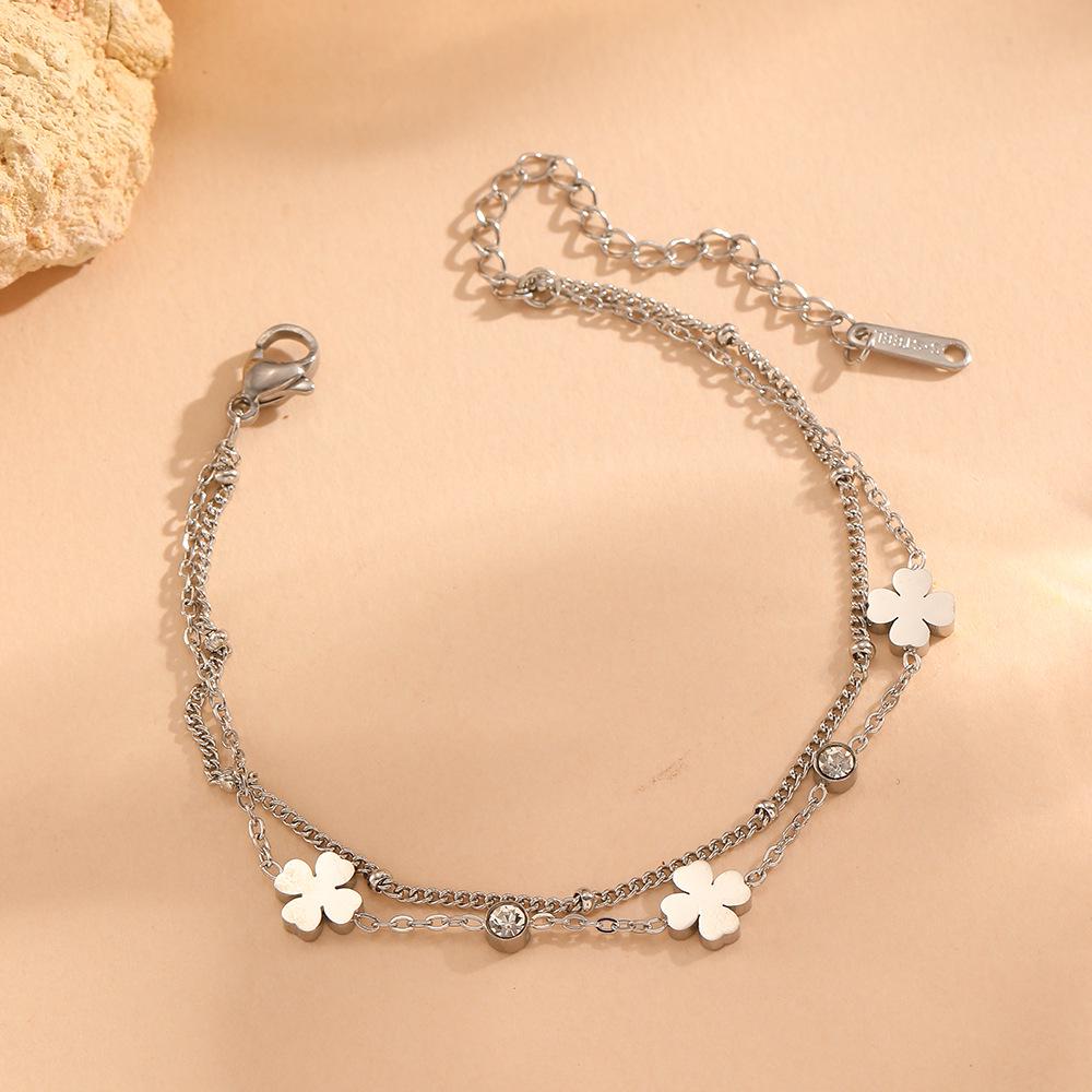 Elegant Stainless Steel Four-Diamond Four-Leaf Clover Bracelet