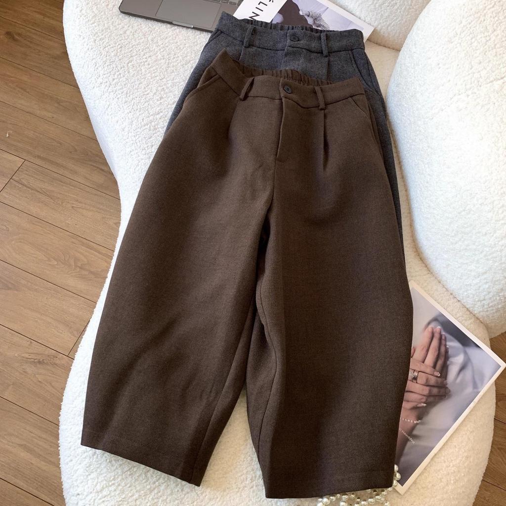 Women's Plus Size Wool Wide-Leg Bootcut Pants, Grey, Elastic Waist, Mid-Length for Spring/Autumn